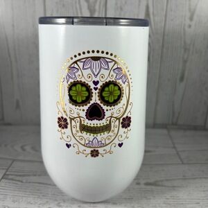 Halloween Tumbler Insulated White Sugar Skull Decorative Wine Glass Slide Lid